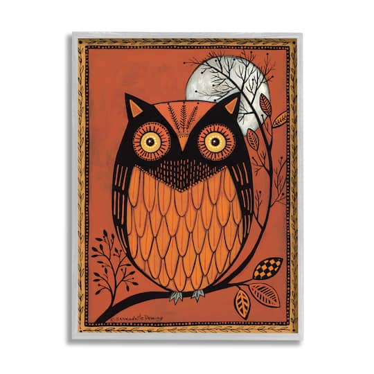 Stupell Industries Round Owl Autumn Botanical Border Framed Giclee Art